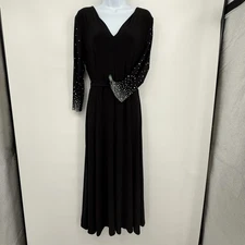 MSK Dress Womens Large Black Maxi V-Neck Beaded Pearl 3/4 Sleeve Belted Evening