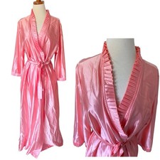 Vintage Val Mode Pleated Trim Robe 80s Long Kimono Peignoir Pink Shiny Arnel L