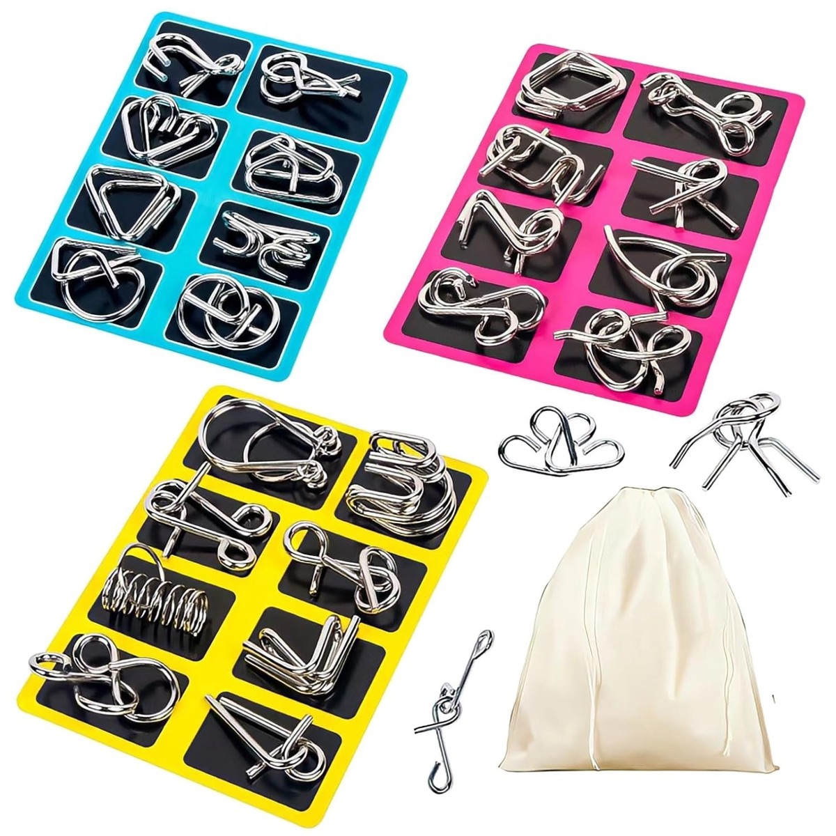 Metal Wire Puzzle Set of 24 with Pouch,Brain Teaser IQ Trick Toy
