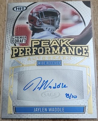 2021 Jaylen Waddle Sage Premier Draft Peak Performance Gold Auto #8/10