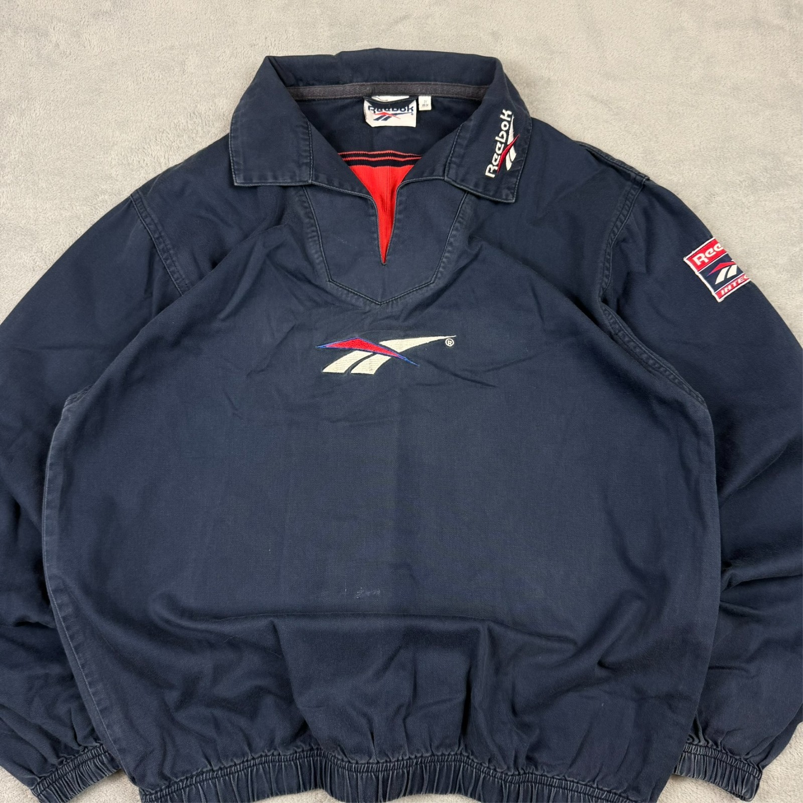 VTG Reebok 1990's Navy Blue Vector Logo Size 34" / Small Drill V Neck Sweatshirt image 4