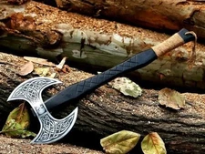 Handmade Carbon Steel Double Headed Viking Axe with Leather Sheath Wood Handle