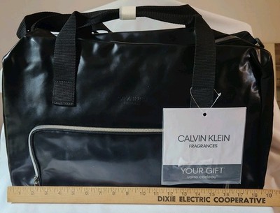 Rare Calvin Klein Fragrances Leather Duffle Bag   Black Travel Gym Gift Bag New
