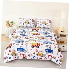 5Pcs Kids Car Comforter Set Queen 5Pcs Red and Blue Car Printed on White