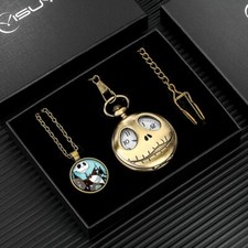 Vintage Christmas Mummy Skull Cover Men Women Quartz Pocket Watch Gift Set