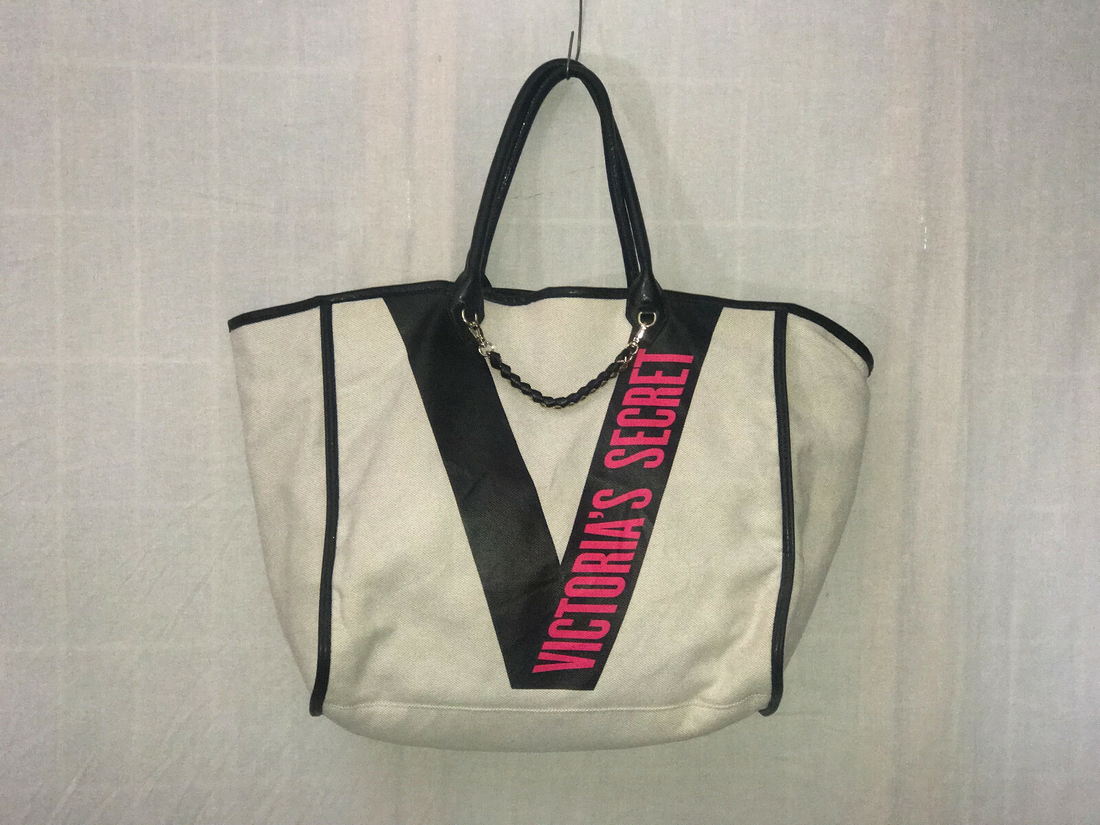 Victoria's Secret Logo Canvas Tote Beach Bag Faux Leather Overnight Purse