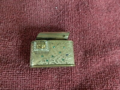 REGELITER POP UP GOLD FILLED CIGARETTE LIGHTER GREEN JEWELED FLORAL ROSE PATTERN