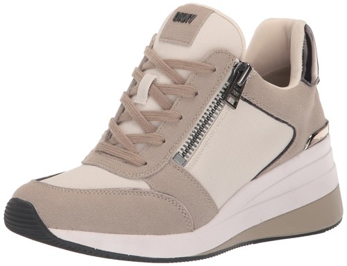 DKNY Damen Kasia Sneaker Mit Keilabsatz – Lace-Up Design, Elastischer Textilkeil, Lässig & Bequem