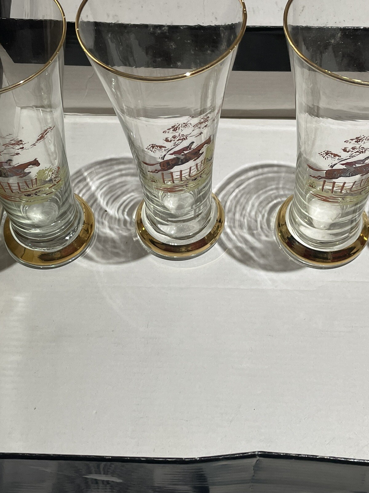 5 Glasses of Vintage Pilsner Beer Glasses Hunting Scene Horse and
