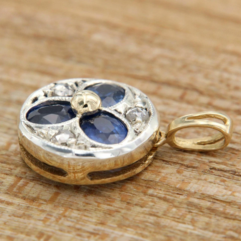 Pendentif en OR Jaune 14 Carats k Argent SAPHIR et DIAMANT style Ancienne Italie - Photo 3/4