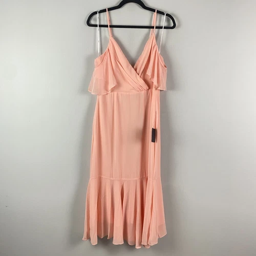 Lulus Surplice Midi Dress Size Large Short Sleeve A-Line Light Peach Pink