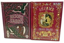 ❤️SET OF 2 AESOP'S FABLES and GRIMM'S FAIRY TALES Leather Bound Collectible NEW