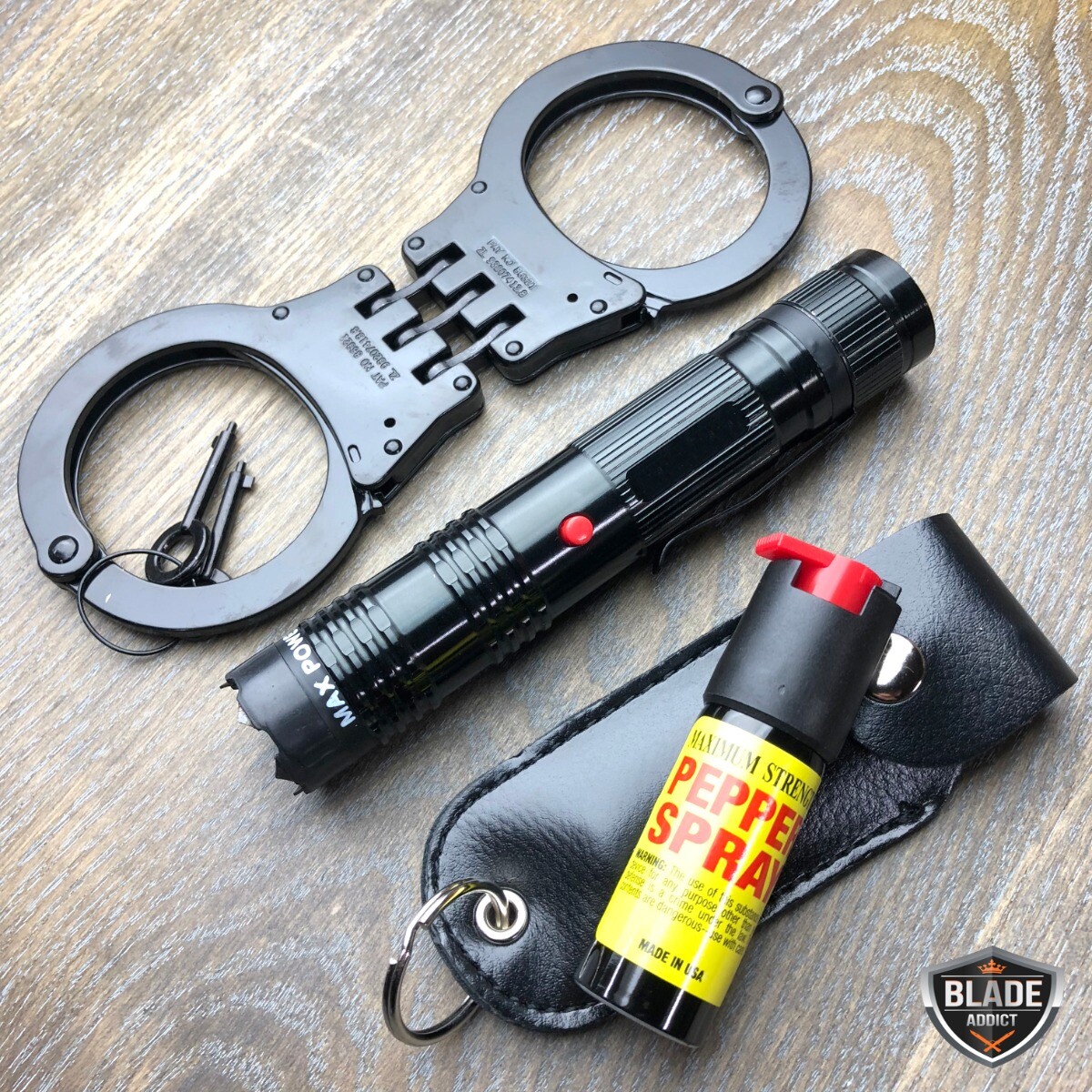 3 PC BLACK MILITARY Steel Handcuffs w/ 2 keys + Pepper Spray + Stun Gun