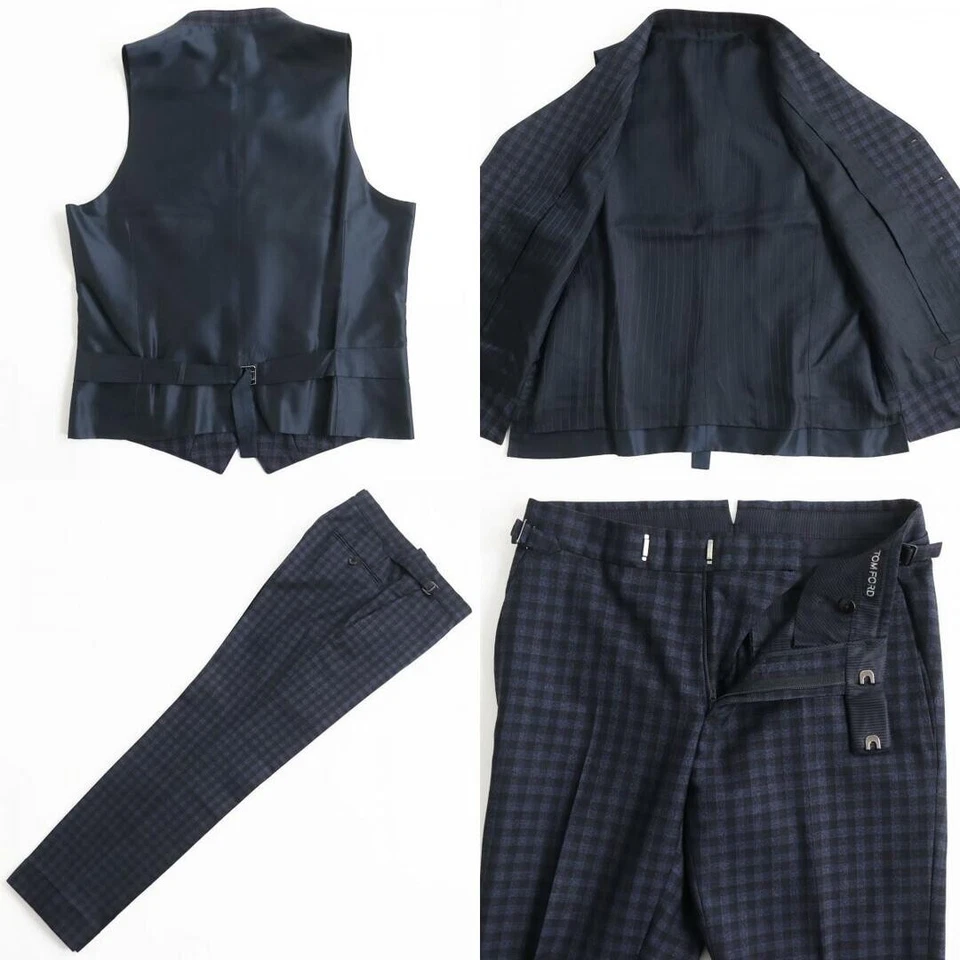 TOM FORD Lining Silk Blend Check Pattern Single 3 Piece Suit Setup Navy 44 JAPAN - Image 2 of 4