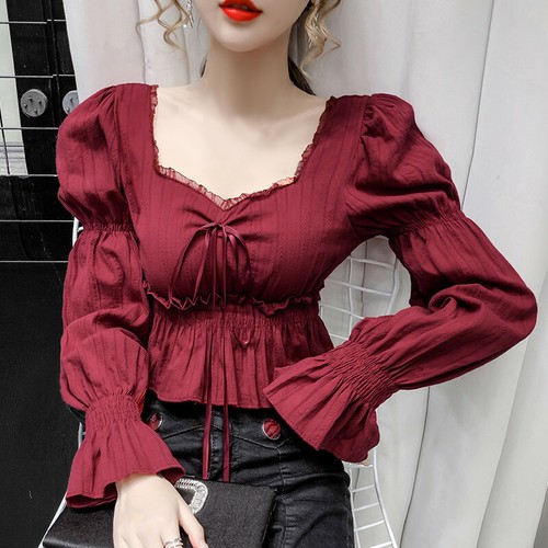 Womens Ruffle Long Puff Sleeve Crop Tops Sexy Square Neck Slim Blouse T- Shirt | eBay