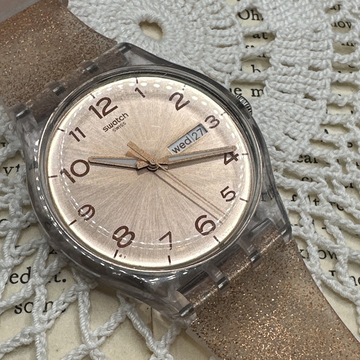 Swatch Watch Peach Pink Glitter Shimmer Semi Transparent Silicone