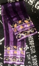 Vtg Unworn Rectangle Purple Stripe Gold Floral Silk SCARF 11X52 Hand Rolled Edge
