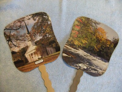  Vintage Hand Fan Duo ''Autumn Chapel'' & ''Last Water'' River Scene