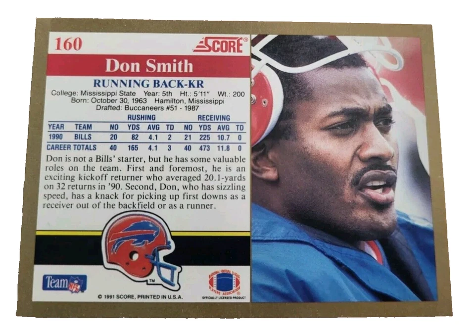 1991 Score #160 Don Smith Buffalo Bills NFL Football Card (G1 - Image 2 of 2