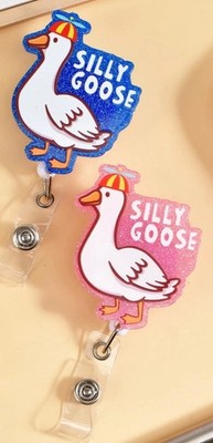 2 pc Silly Goose Glitter Retractable Badge ID Reel Holder with Clip- Pink & Blue