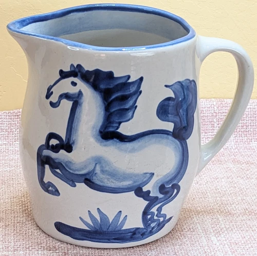 M.A. Hadley Vintage Large Pitcher W Horse Blue White Handmade