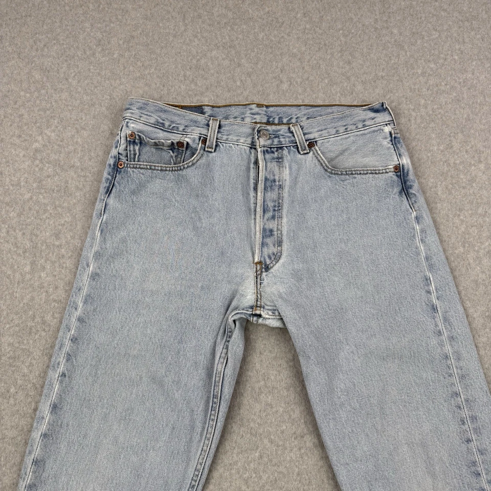 Vintage Levis Jeans Mens Fits 33x28 Light Wash Button Fly 501 Distressed USA - Image 2 of 4