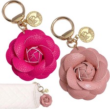 2 PCS Leather Flower Keychain Bag Charm Camellia Leather Flower Keychain Purse C