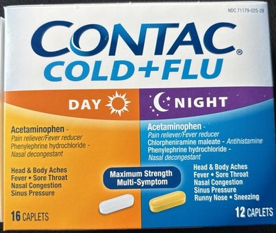 Contac Cold & Flu Day + Night Caplets Maximum Strength 28 Ct EXP 8/2027