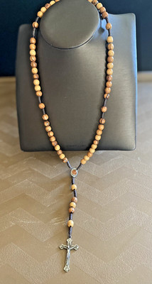 INRI WOOD BEAD 26'' NECKLACE ROSARY CRUCIFIX CROSS TERRA/SOIL STAMPED JERUSALEM