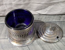 Vintage Celtic Quality Silver Mustard Pot w Cobalt Blue Glass Liner and England