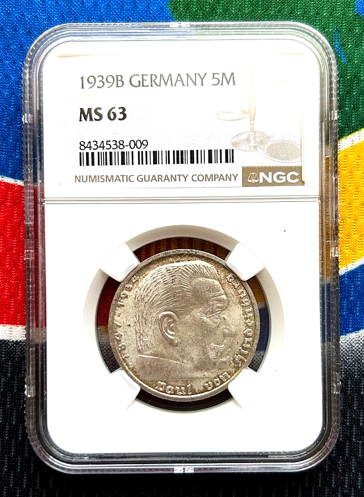 NGC MS 63 1939 B 5 Mark WW2 German Silver Coin Third Reich