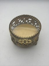 Vintage Brass Filigree / Beveled Glass Round Shaped Jewelry Box