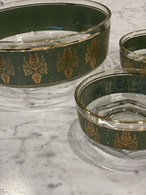 1950 s Culver Harp Scroll Green And Gold Footed Serving Bowl 9''W and two 4.5  