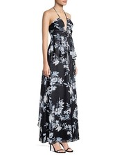  338 BCBG MAX AZRIA Black Midnight Combo Floral Designer MAXI Dress US 0
