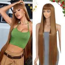 40" Brown Synthetic Wig with Bangs Super Long Brown Straight Hair Wig Straigh