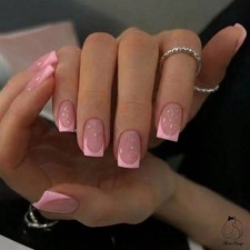 24Pcs Short Square Press On Nails Pink French Tip Glitter Fake Nails