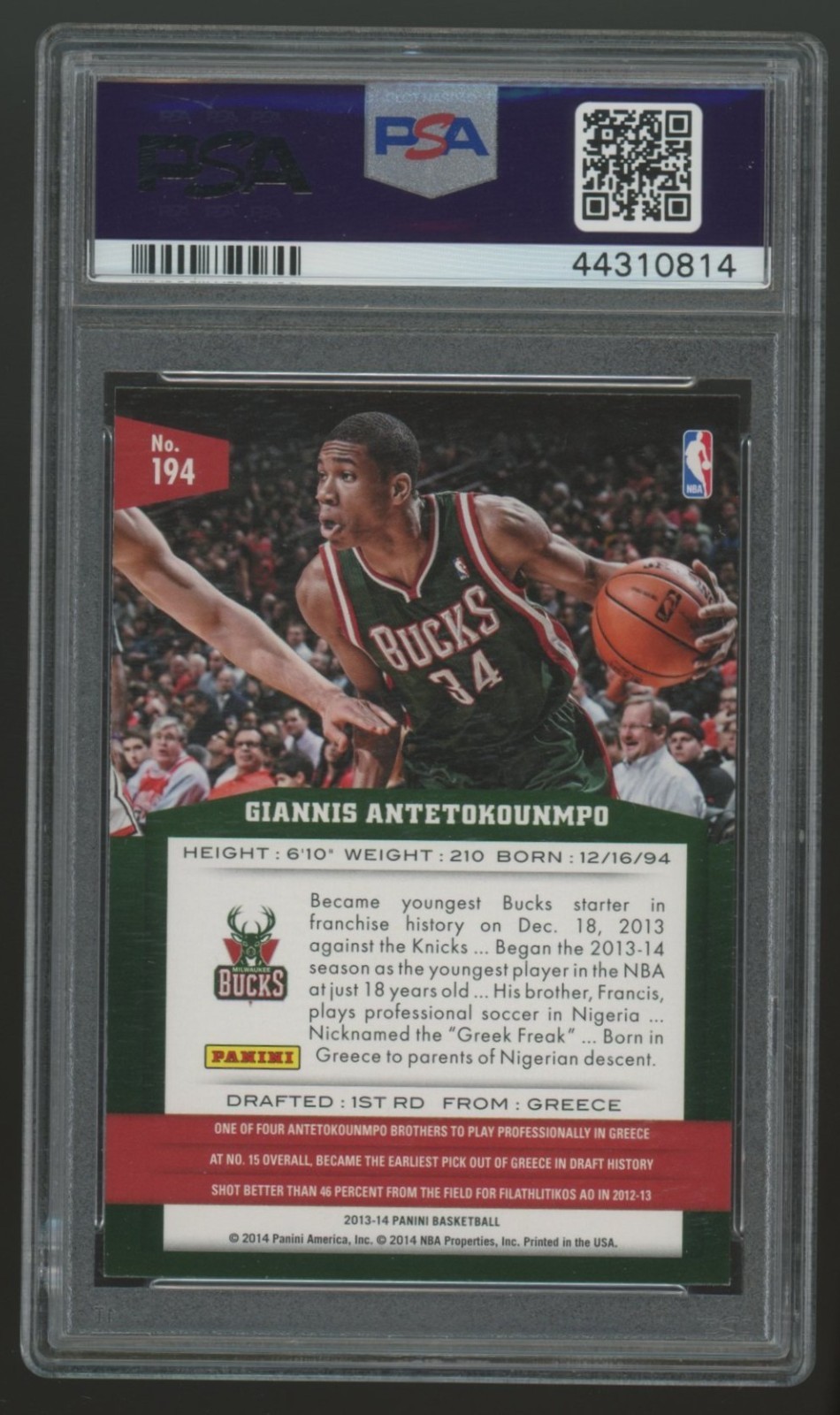 PSA 9 2013-14 Panini Giannis Antetokounmpo Rookie #194 Bucks view 2