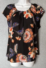 Lauren Conrad Floral Boho Blouse Women XL Black Bright Garden Print Top