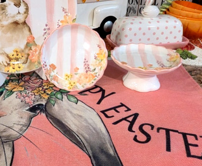 Easter Watercolor Pink White Striped Floral Ceramic 2 Mini Cupcake Stands 4.69''