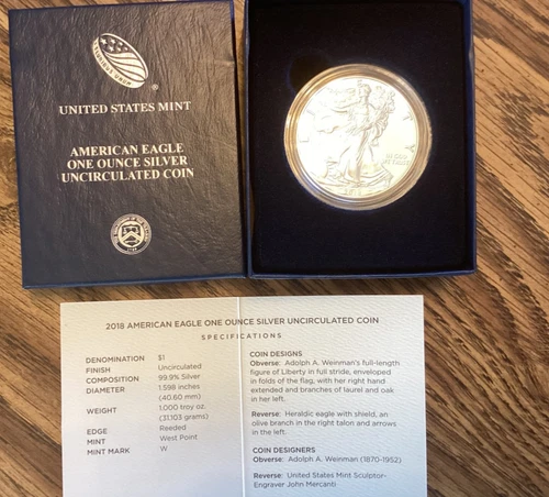 2018 W 1 oz American Silver Eagle $1 Coin Uncirculated in Capsule w/Box & COA