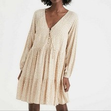 American Eagle Long Slv Floral Tiered A line Dress Sz XS V Neck Boho Cottagecore