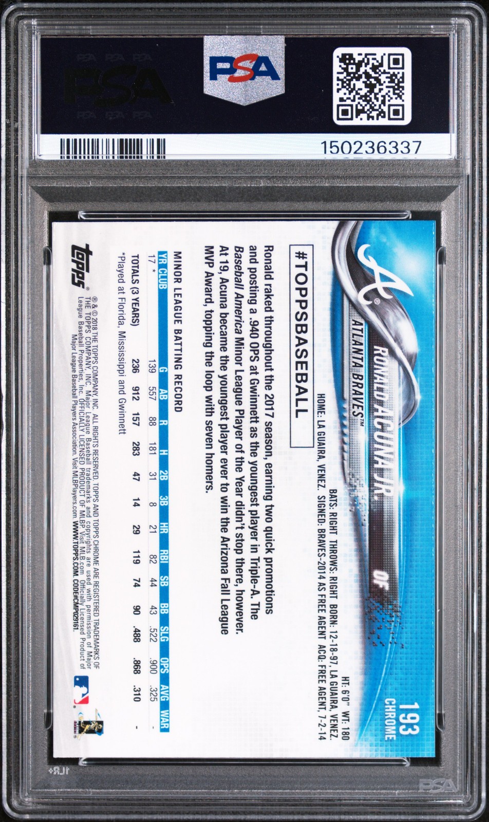2018 TOPPS CHROME #193 RONALD ACUNA JR. ROOKIE RC PSA 9 view 2