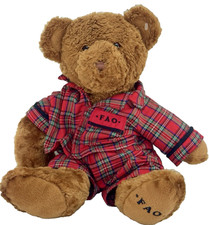 FAO Schwarz Plush Toy w/ LOGO 14" Brown Teddy Bear Plaid Pajamas Stuffed Animal