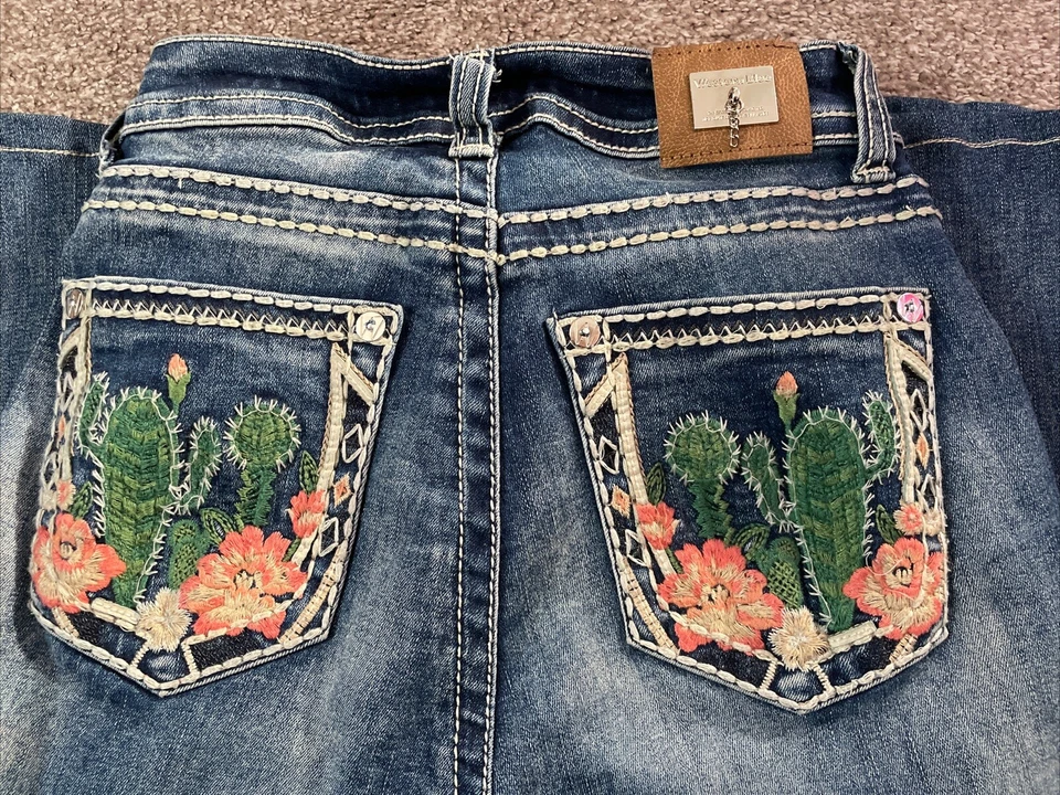 Pantalones de mezclilla para mujer Y2K azul occidental de colección talla 1 acampanados desteñidos azules bolsillos bordados Foto 2 de 4