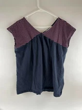 Suzanne Betro Weekend T Shirt Women's Size L Navy Blue Pink Striped V-neck Slv
