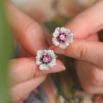 2 CT Round Simulated Ruby & Diamond Flower Stud Earrings 14K White Gold Over
