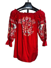 Free People Red Off The Shoulder Embroidered Long Sleeve Mini Dress Size XS