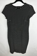 Ann Taylor Dress Womens Medium Petite Black White Striped Sheath Short Sleeve