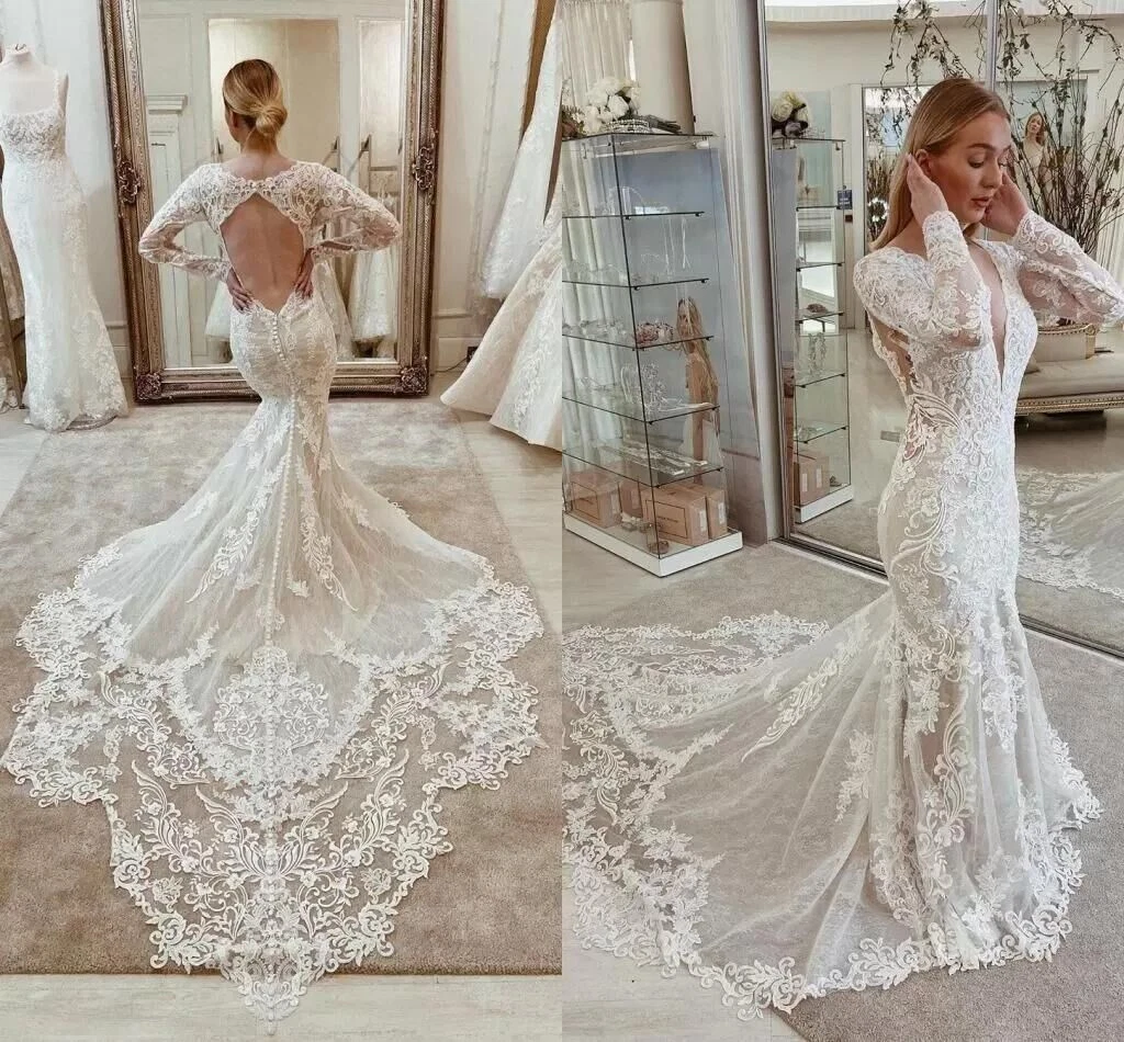 Mermaid Long Sleeve Wedding Dresses with Court Train Sexy Backless