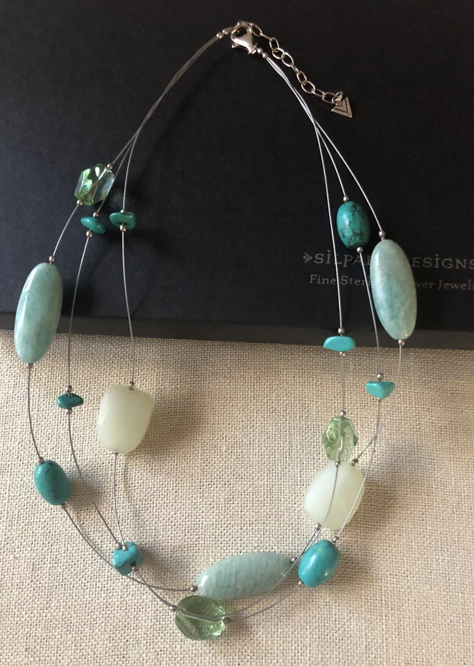 Colar de prata esterlina 925 Silpada 3 fios azul/verde, pedra/vidro N2021 em excelente estado usado - Imagem 2 de 2